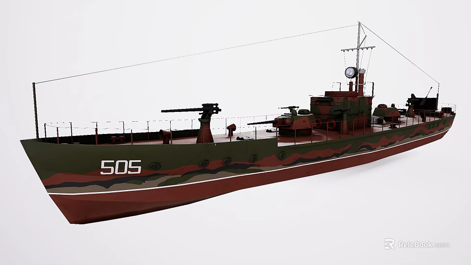 Military Warship With Camouflage Paint Naval Guns And Number 505 3d model 