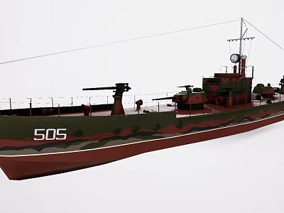 Military Warship With Camouflage Paint Naval Guns And Number 505 3d model