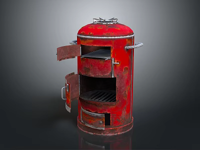 Vintage Red Cylindrical Kitchen Grill With Open Double Doors And Rustic Design 3d model