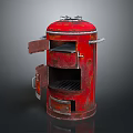 Vintage Red Cylindrical Kitchen Grill With Open Double Doors And Rustic Design
