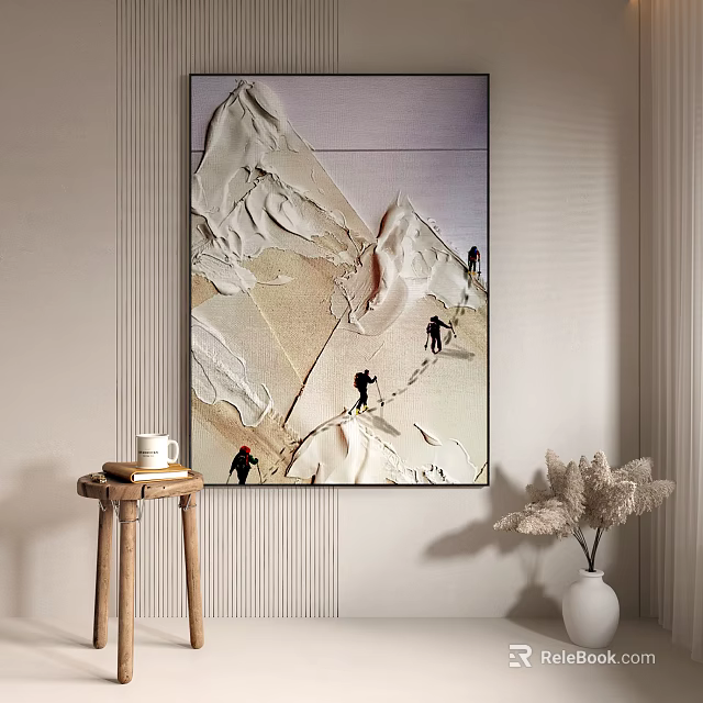 Textured Mountain Wall Painting With Climbers Side Table And Dried Plant Vase 3d model 
