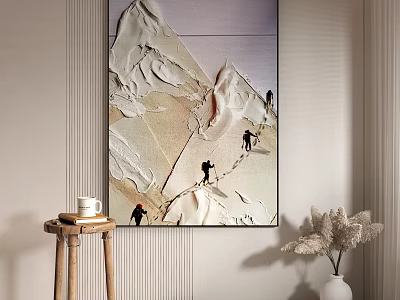 Textured Mountain Wall Painting With Climbers Side Table And Dried Plant Vase 3d model