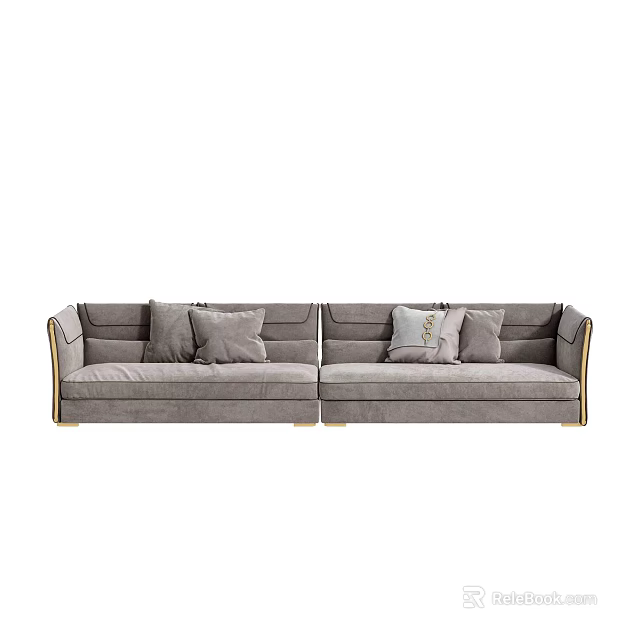 Elegant Modern Multi Seater Sofa With Gray Velvet Upholstery And Gold Accent Cushions 3d model 