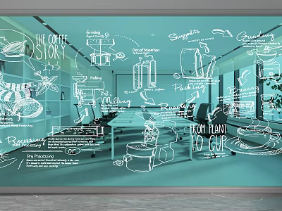 Blue Office Partition With Hand Drawn Coffee Elements And Team Designs 3d model