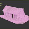Rustic Wooden Cabin Model With Rusted Metal Roof And Stone Chimney