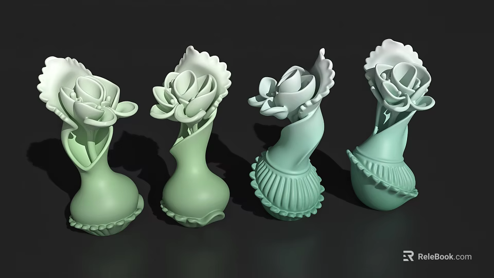 Light Green Floral Shaped Ceramic Vases With Petal Details And Scalloped Bases 3d model 