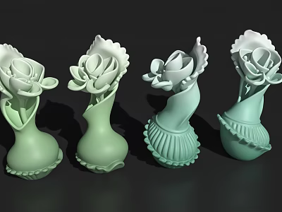 Light Green Floral Shaped Ceramic Vases With Petal Details And Scalloped Bases 3d model