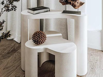White Minimalist Layered Side Table Decorated With Pine Cone Book And Green Branches 3d model