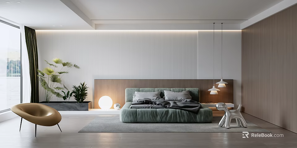 Modern Bedroom Interior Design With Light Green Upholstered Bed White Striped Wall And Pendant Lights 3d model 