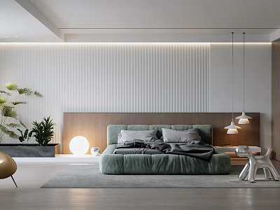 Modern Bedroom Interior Design With Light Green Upholstered Bed White Striped Wall And Pendant Lights 3d model