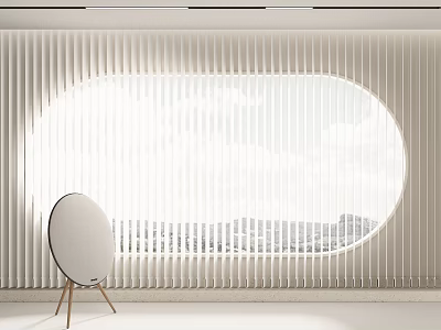 Vertical Striped Curtains For Oval Window With Mountains And Sky View In Modern Minimalist Interior 3d model
