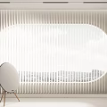 Vertical Striped Curtains For Oval Window With Mountains And Sky View In Modern Minimalist Interior