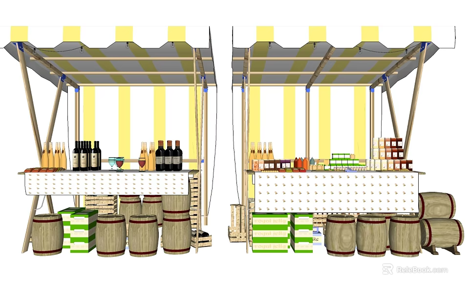Commercial Beverage Stall Equipment With Canopy Display Shelves And Storage Barrels 3d model 