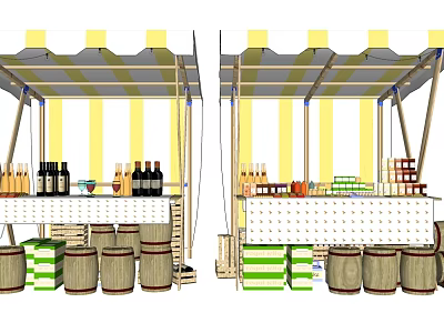 Commercial Beverage Stall Equipment With Canopy Display Shelves And Storage Barrels 3d model
