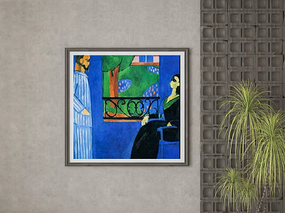 Painting Artwork With Two Figures Balcony Railing Blue Background And Green Plants 3d model