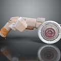Industrial Machinery Equipment With Beige Body Circular Wheel Pink Center And Orange Cable