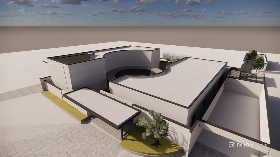 Modern Sales Office Building Exterior With Curved Roof And Small Tree On Paved Ground 3d model 