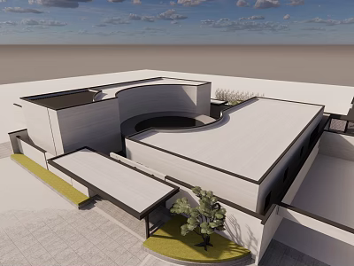 Modern Sales Office Building Exterior With Curved Roof And Small Tree On Paved Ground 3d model