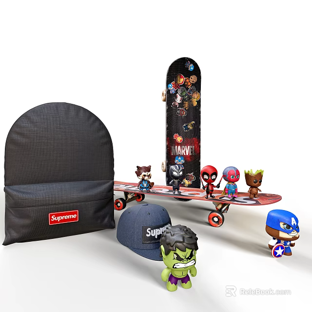 Marvel Action Figures And Dolls On Skateboard With Supreme Backpack And Cap 3d model