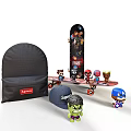 Marvel Action Figures And Dolls On Skateboard With Supreme Backpack And Cap 3d model