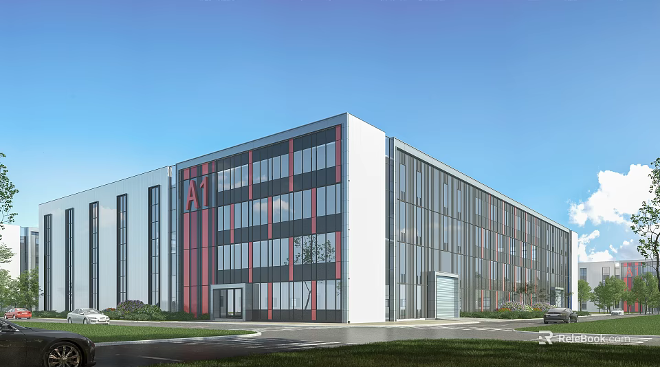 Modern Industrial Factory Building With Glass Windows Red White Exterior Multi Storey And Parking Area 3d model 