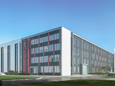 Modern Industrial Factory Building With Glass Windows Red White Exterior Multi Storey And Parking Area 3d model