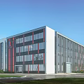 Modern Industrial Factory Building With Glass Windows Red White Exterior Multi Storey And Parking Area