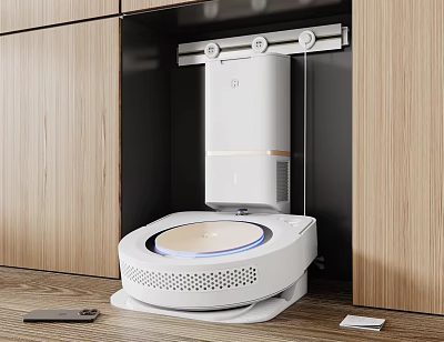 Modern Bathroom Interior With Smart Toilet And Wooden Cabinet Design 3d model
