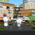Modern Silver Metallic Landscape Sculptures In Commercial Plaza With Building Front And Pedestrians
