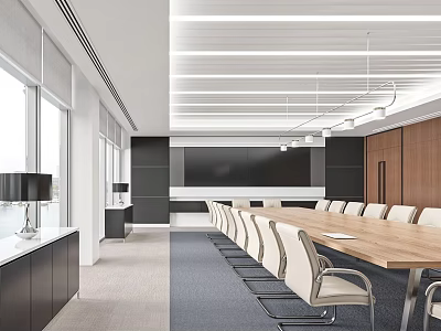 Modern Conference Room With Long Wooden Table White Chairs Large Screen And Windows 3d model