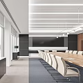 Modern Conference Room With Long Wooden Table White Chairs Large Screen And Windows