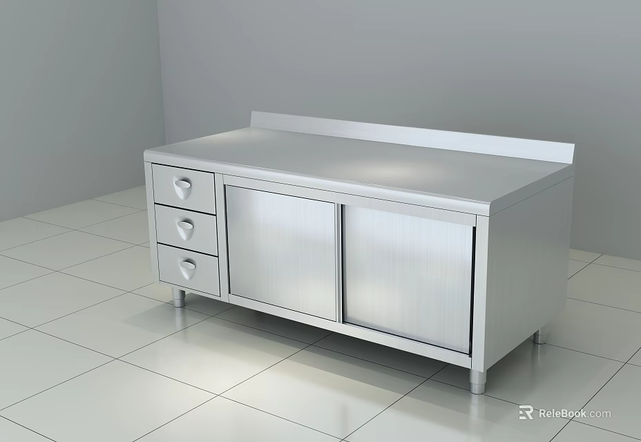Stainless Steel Kitchen Cabinet With Drawers Doors And Flat Countertop Surface 3d model 