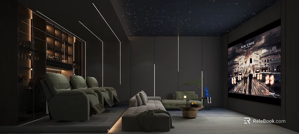 Modern Home Theater Room With Starry Ceiling LED Strips Dark Walls And Comfortable Sofas 3d model