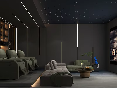 Modern Home Theater Room With Starry Ceiling LED Strips Dark Walls And Comfortable Sofas 3d model