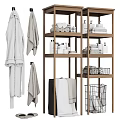 Bathroom Storage Rack with Wooden Shelves Holding Bathrobes Towels and Toiletries