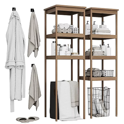 Bathroom Storage Rack with Wooden Shelves Holding Bathrobes Towels and Toiletries 3d model