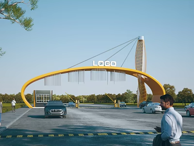 Yellow Arch Entrance Gate with LOGO Sign and Vehicles Entering Modern Design 3d model
