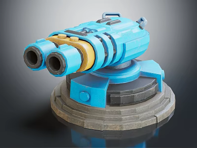 Blue Mechanical Turret with Dual Barrels Yellow Accents and Gray Base Structure 3d model