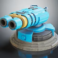 Blue Mechanical Turret with Dual Barrels Yellow Accents and Gray Base Structure