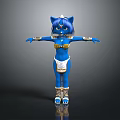 Blue Cat Girl Game Movie Character with Ears Golden Accessories White Outfit and Arms Outstretched