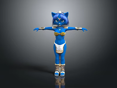 Blue Cat Girl Game Movie Character with Ears Golden Accessories White Outfit and Arms Outstretched 3d model