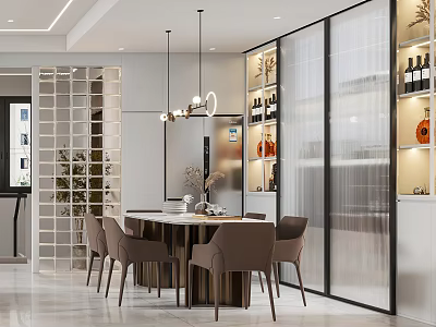 Modern Restaurant Interior With Dining Table Chairs Pendant Lights And Wine Cabinets 3d model