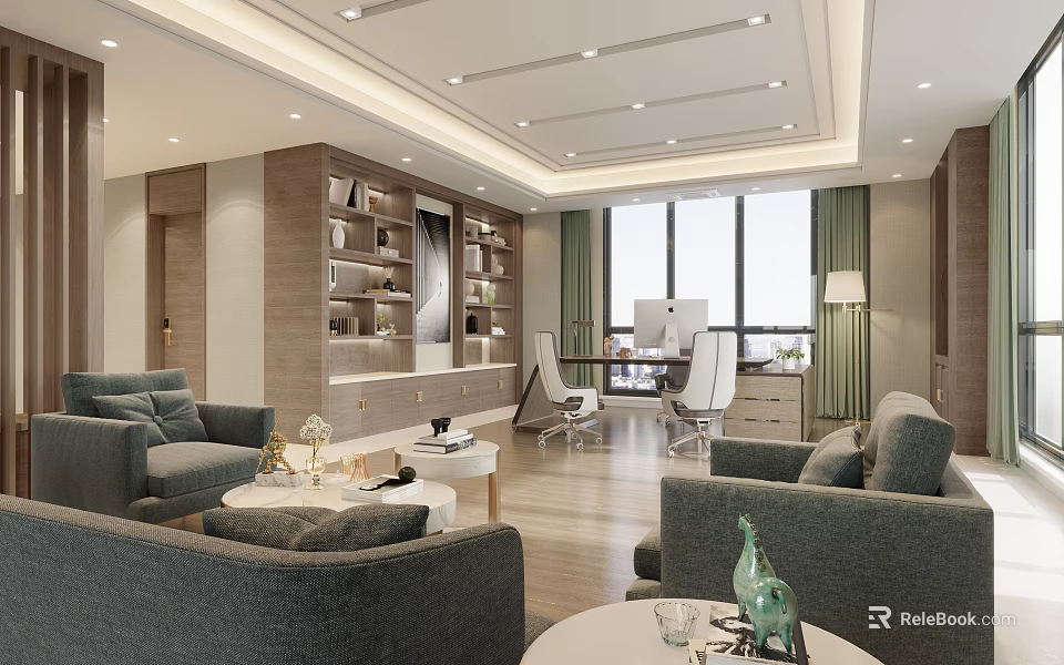 Modern Office Interior Design With Sofa Coffee Table Bookshelf And Large Windows 3d model