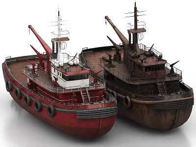Two Old Red and Brown Ships with Cranes and Deck Equipment 3d model