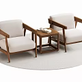 Two Modern Single Armchairs With Wooden Frame Light Cushions And Small Table On Round Rug