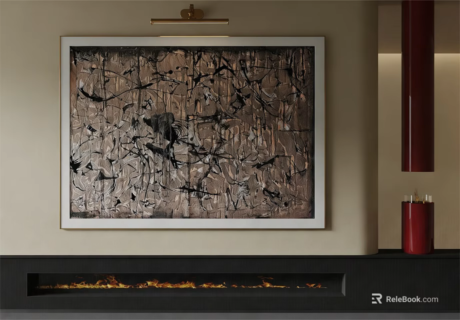 Abstract Painting With Textured Brown Black Brushstrokes Above Fireplace Warm Ambiance Red Decor 3d model 