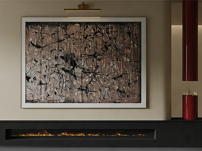 Abstract Painting With Textured Brown Black Brushstrokes Above Fireplace Warm Ambiance Red Decor 3d model