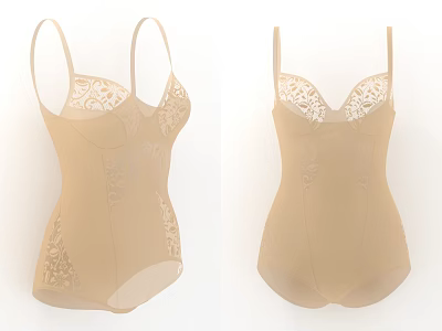 Beige Women's Fitted Bodysuit with Delicate Lace Details and Embroidery Design 3d model