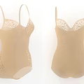 Beige Women's Fitted Bodysuit with Delicate Lace Details and Embroidery Design