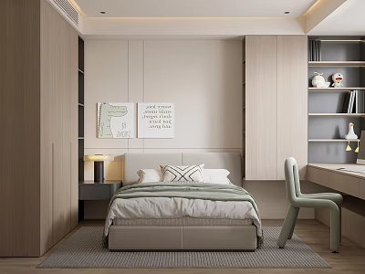 Modern Minimalist Bedroom Interior Design With Bed Wall Art Cabinets Desk And Chair 3d model